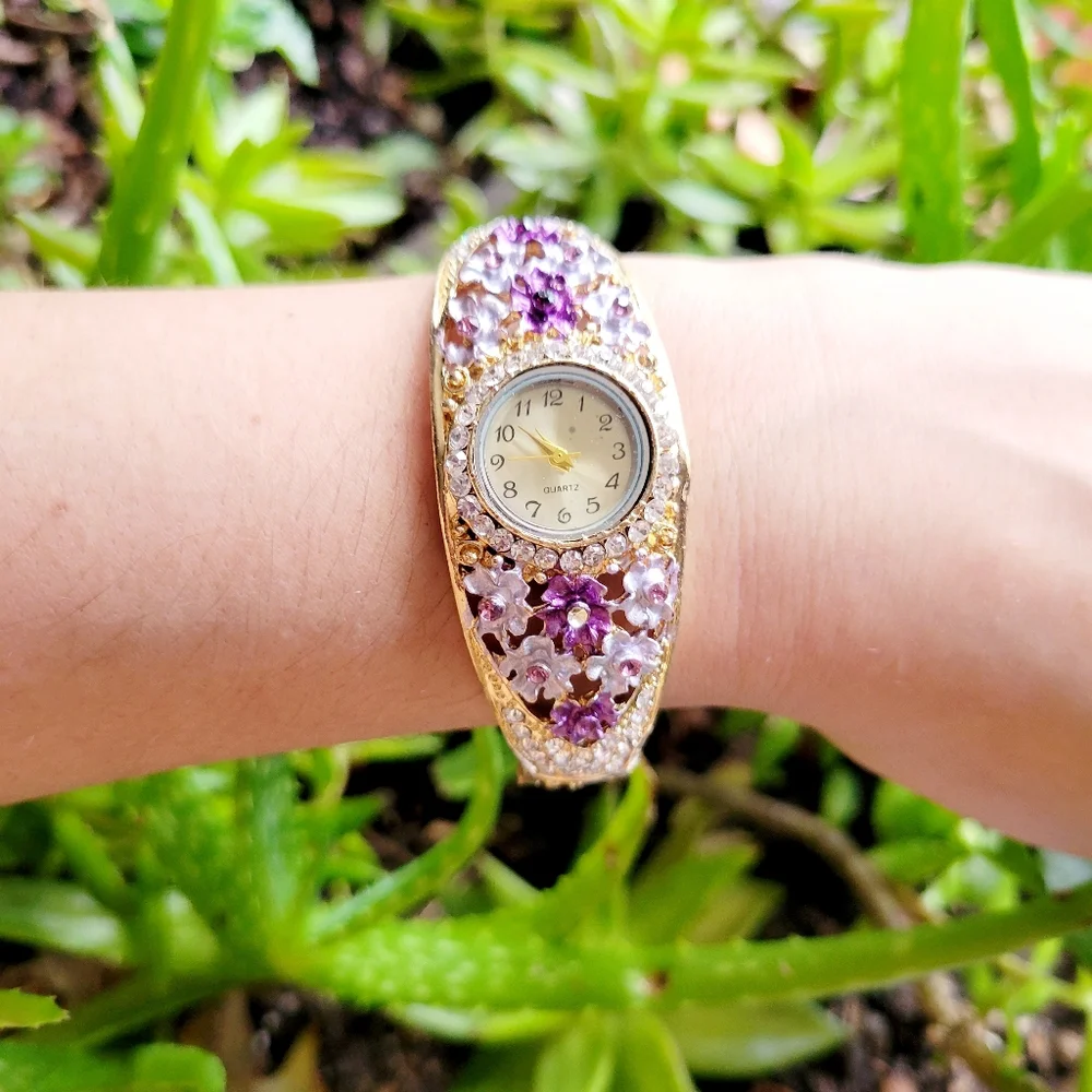 Ornate Floral Rhinestone Gold & Purple Watch